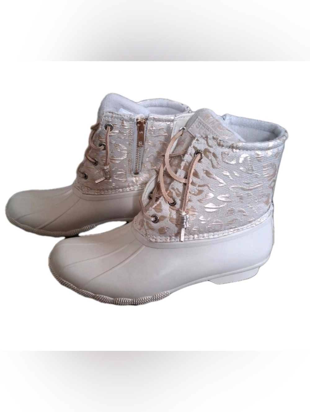 Sperry Womens Duck Boots, Sz 8, Cream Colored W/gold Leopard Print, Worn Only 2X